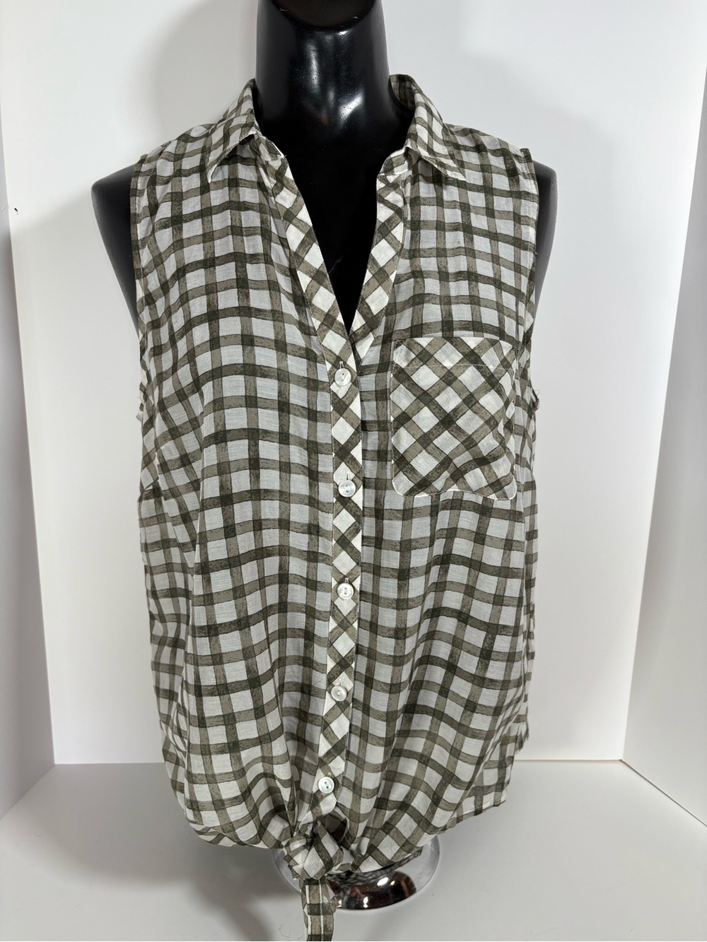 J. Jill Olive & White Plaid Sleeveless Button Front Top-Silk Blend